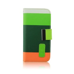 CUSTODIA FLIP ORIZZONTALE per APPLE IPHONE 5, 5s CON STAND E PORTA CARTE FANTASIA RIGHE BIANCO, VERDE, VERDE SCURO E ARANCIONE