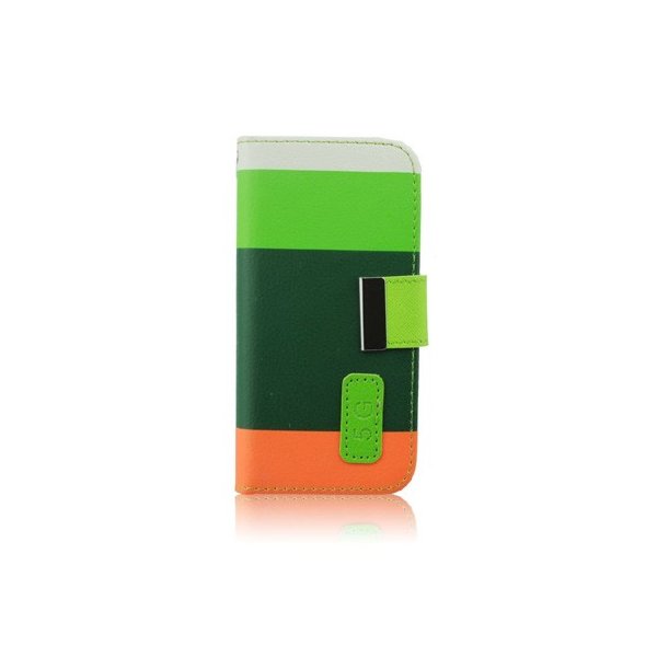 CUSTODIA FLIP ORIZZONTALE per APPLE IPHONE 5, 5s CON STAND E PORTA CARTE FANTASIA RIGHE BIANCO, VERDE, VERDE SCURO E ARANCIONE