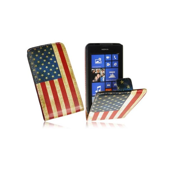 CUSTODIA FLIP VERTICALE SLIM PELLE per NOKIA LUMIA 520, LUMIA 525 FANTASIA BANDIERA USA ANTICATA