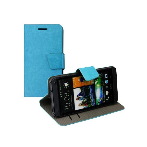 CUSTODIA FLIP ORIZZONTALE PELLE per HTC ONE, M7 CON STAND E PORTA CARTE COLORE AZZURRO