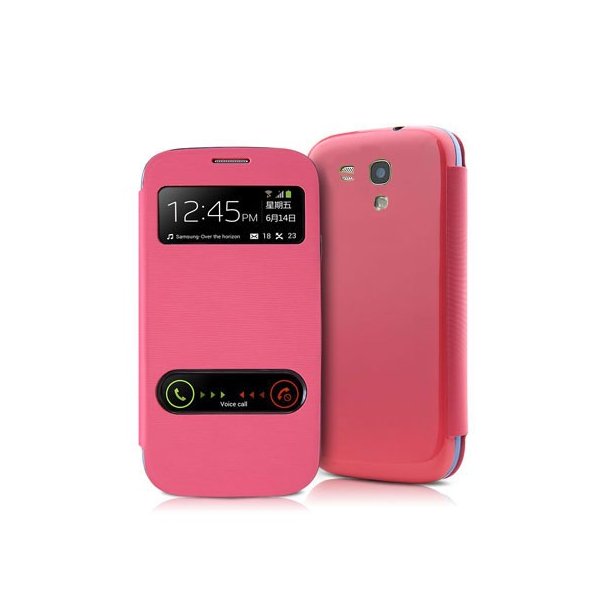 CUSTODIA FLIP ORIZZONTALE per SAMSUNG I8190 GALAXY S3 MINI CON DOPPIA FINESTRA IDENTIFICATIVO CHIAMANTE COLORE ROSA