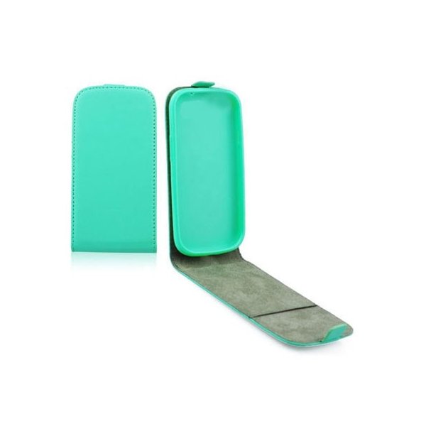 CUSTODIA FLIP VERTICALE SLIM PELLE per SAMSUNG I9190 GALAXY S4 MINI, I9192, I9195 CON INTERNO IN TPU SILICONE COLORE VERDE ACQUA