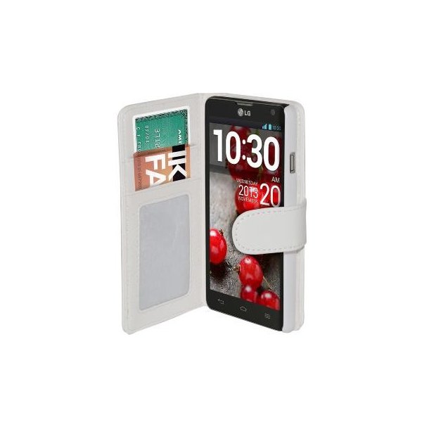 CUSTODIA FLIP ORIZZONTALE per LG OPTIMUS L9 II, D605 CON STAND E TASCHE PORTA CARTE COLORE BIANCO