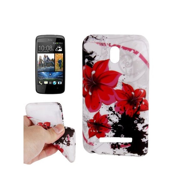 CUSTODIA GEL TPU SILICONE per HTC DESIRE 500 FANTASIA FIORI ROSSI SU SFONDO BIANCO