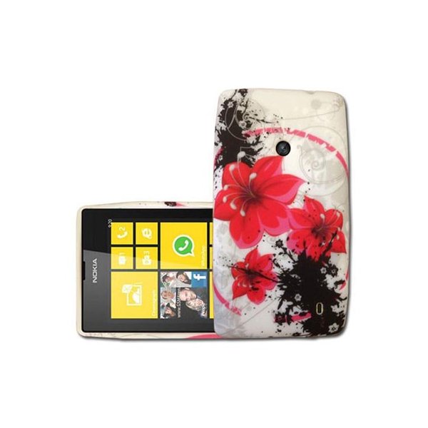 CUSTODIA GEL TPU SILICONE per NOKIA LUMIA 520, LUMIA 525 FANTASIA FIORI ROSSI SU SFONDO BIANCO