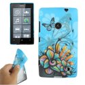 CUSTODIA GEL TPU SILICONE per NOKIA LUMIA 520, LUMIA 525 FANTASIA FIORI E FARFALLE SU SFONDO BLU