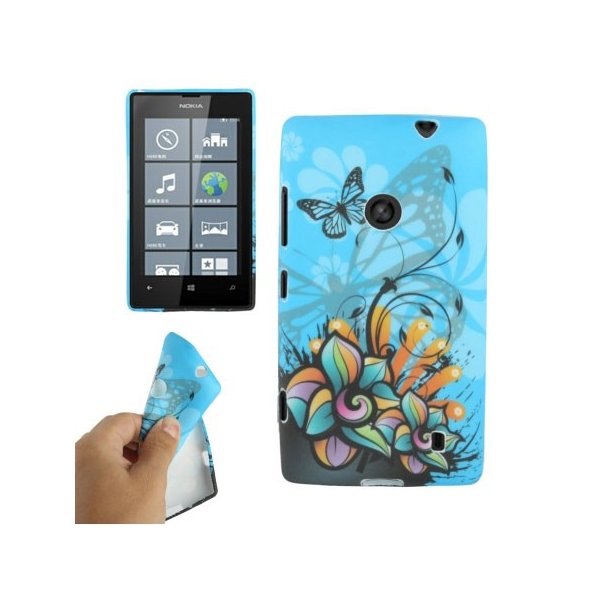 CUSTODIA GEL TPU SILICONE per NOKIA LUMIA 520, LUMIA 525 FANTASIA FIORI E FARFALLE SU SFONDO BLU