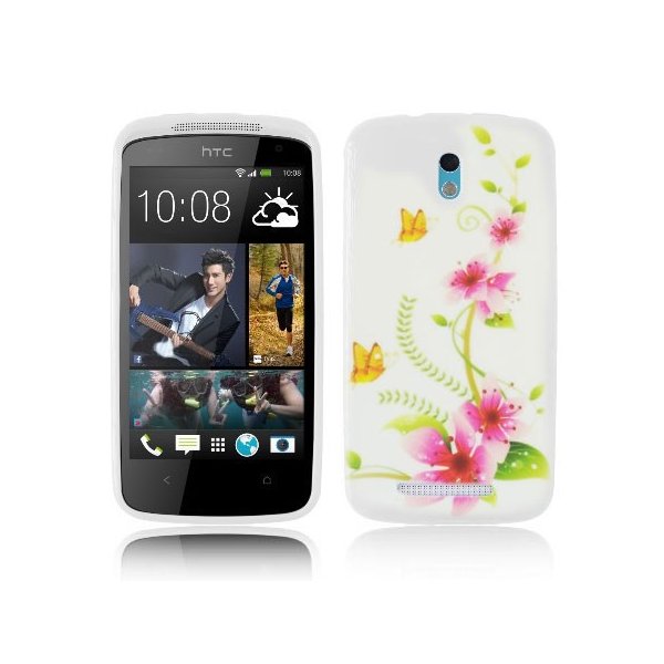 CUSTODIA GEL TPU SILICONE per HTC DESIRE 500 FANTASIA FIORI E FARFALLE SU SFONDO BIANCO