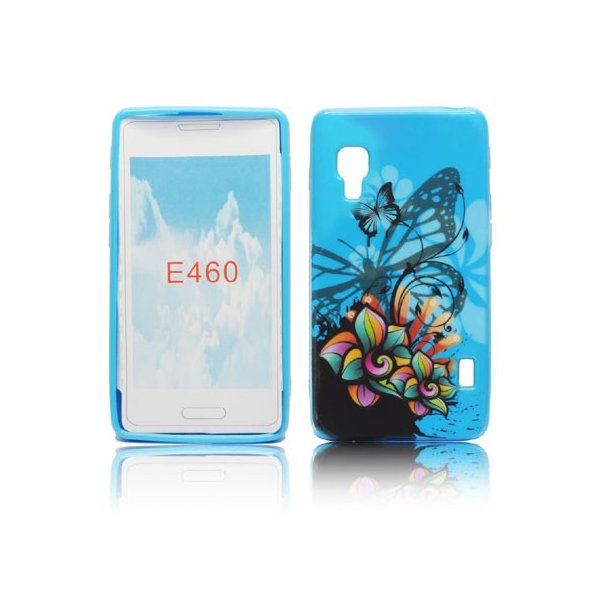 CUSTODIA GEL TPU SILICONE per LG OPTIMUS L5 II, E460 FANTASIA FIORI E FARFALLE SU SFONDO BLU