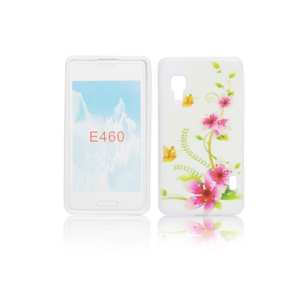 CUSTODIA GEL TPU SILICONE per LG OPTIMUS L5 II, E460 FANTASIA FIORI E FARFALLE SU SFONDO BIANCO