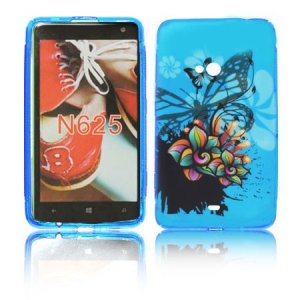 CUSTODIA GEL TPU SILICONE per NOKIA LUMIA 625 FANTASIA FIORI E FARFALLE SU SFONDO BLU