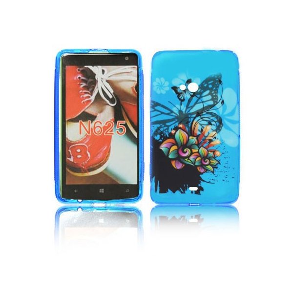 CUSTODIA GEL TPU SILICONE per NOKIA LUMIA 625 FANTASIA FIORI E FARFALLE SU SFONDO BLU