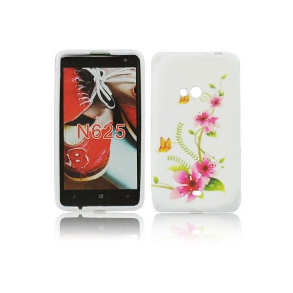 CUSTODIA GEL TPU SILICONE per NOKIA LUMIA 625 FANTASIA FIORI E FARFALLE SU SFONDO BIANCO