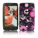 CUSTODIA GEL TPU SILICONE per NOKIA LUMIA 625 FANTASIA FIORI E FARFALLE ROSA SU SFONDO NERO