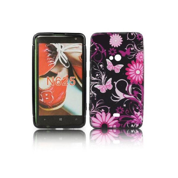 CUSTODIA GEL TPU SILICONE per NOKIA LUMIA 625 FANTASIA FIORI E FARFALLE ROSA SU SFONDO NERO