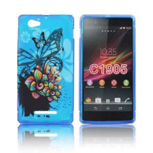 CUSTODIA GEL TPU SILICONE per SONY XPERIA M, C1904, C1905, C2004, C2005 FANTASIA FIORI E FARFALLE SU SFONDO BLU