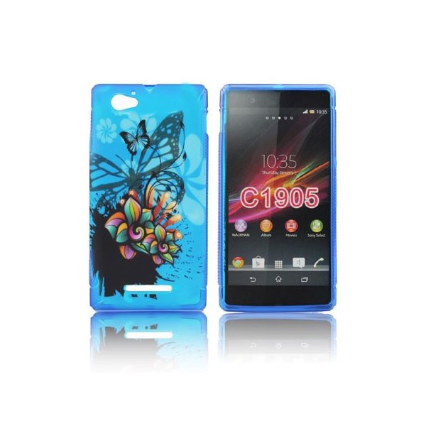 CUSTODIA GEL TPU SILICONE per SONY XPERIA M, C1904, C1905, C2004, C2005 FANTASIA FIORI E FARFALLE SU SFONDO BLU