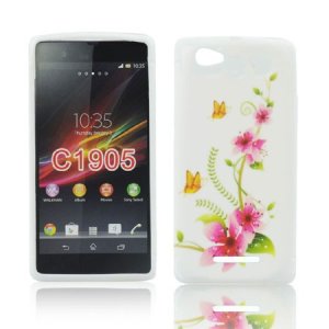 CUSTODIA GEL TPU SILICONE per SONY XPERIA M, C1904, C1905, C2004, C2005 FANTASIA FIORI E FARFALLE SU SFONDO BIANCO