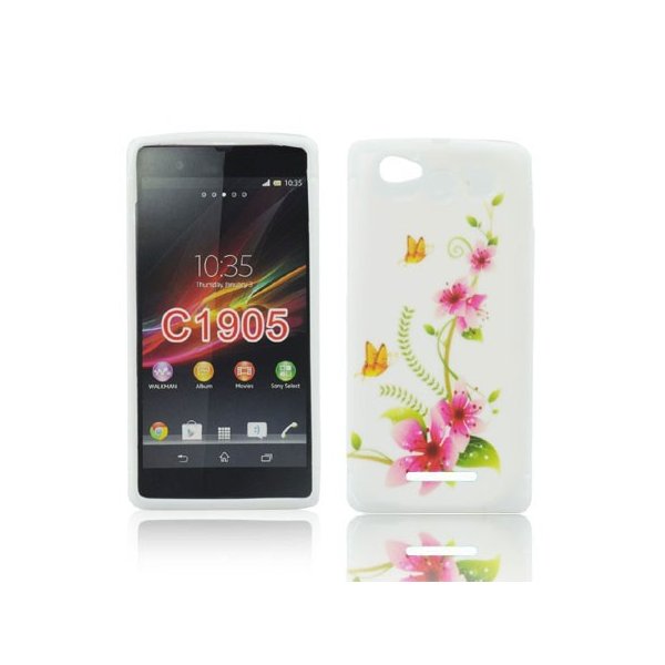 CUSTODIA GEL TPU SILICONE per SONY XPERIA M, C1904, C1905, C2004, C2005 FANTASIA FIORI E FARFALLE SU SFONDO BIANCO