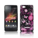 CUSTODIA GEL TPU SILICONE per SONY XPERIA M, C1904, C1905, C2004, C2005 FANTASIA FIORI E FARFALLE ROSA SU SFONDO NERO