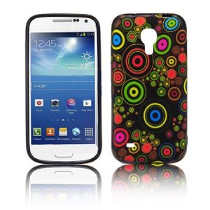 CUSTODIA GEL TPU SILICONE per SAMSUNG I9190 GALAXY S4 MINI, I9192, I9195 FANTASIA CERCHI COLORATI SU SFONDO NERO