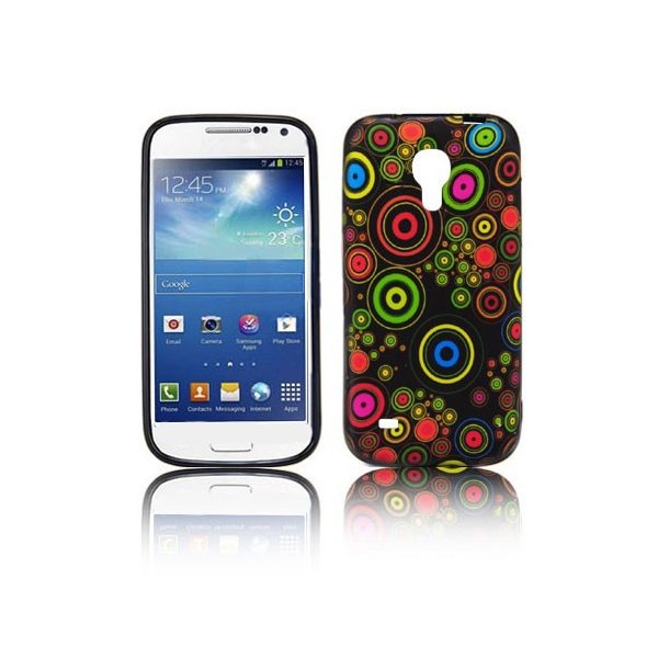 CUSTODIA GEL TPU SILICONE per SAMSUNG I9190 GALAXY S4 MINI, I9192, I9195 FANTASIA CERCHI COLORATI SU SFONDO NERO