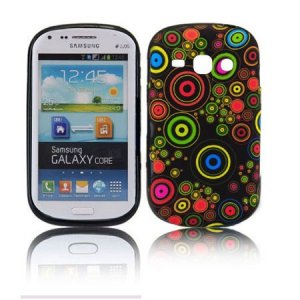 CUSTODIA GEL TPU SILICONE per SAMSUNG I8260 GALAXY CORE, I8262 GALAXY CORE DUOS FANTASIA CERCHI COLORATI SU SFONDO NERO