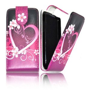 CUSTODIA FLIP VERTICALE PELLE per HTC DESIRE 300 FANTASIA CUORE VIOLA SU SFONDO NERO