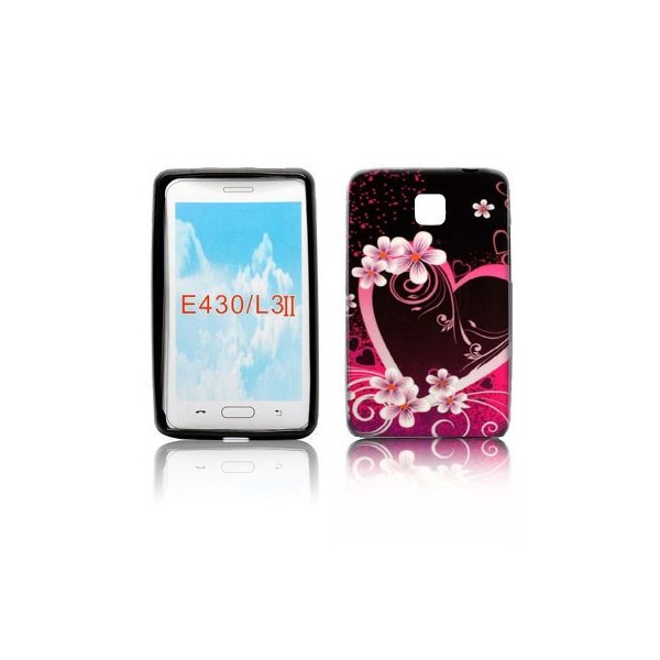 CUSTODIA GEL TPU SILICONE per LG OPTIMUS L3 II, E430 FANTASIA FIORI E CUORE VIOLA SU SFONDO NERO