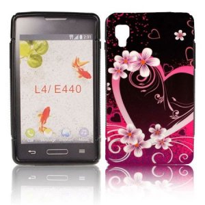 CUSTODIA GEL TPU SILICONE per LG OPTIMUS L4 II, E440 FANTASIA FIORI E CUORE VIOLA SU SFONDO NERO