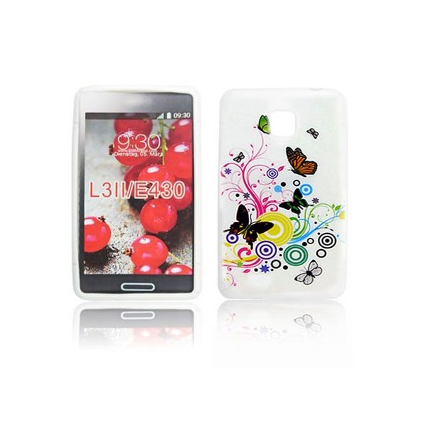 CUSTODIA GEL TPU SILICONE per LG OPTIMUS L3 II, E430 FANTASIA FARFALLE SU SFONDO BIANCO