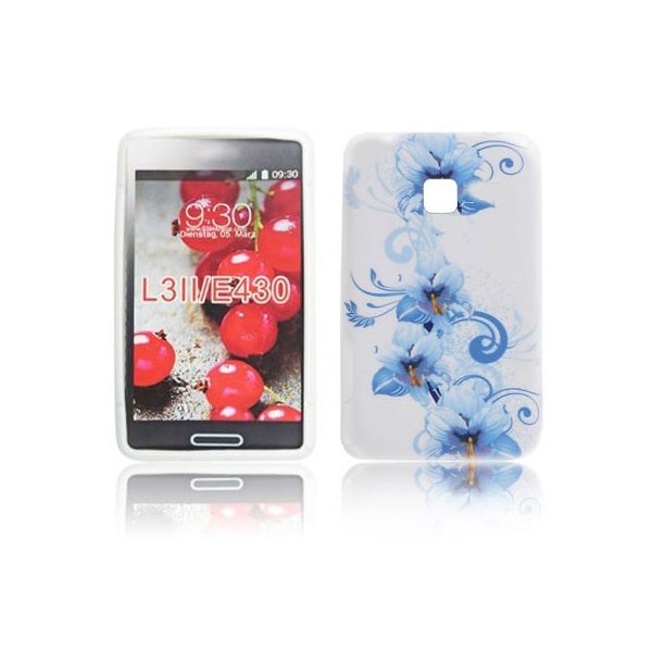 CUSTODIA GEL TPU SILICONE per LG OPTIMUS L3 II, E430 FANTASIA FIORI BLU SU SFONDO BIANCO