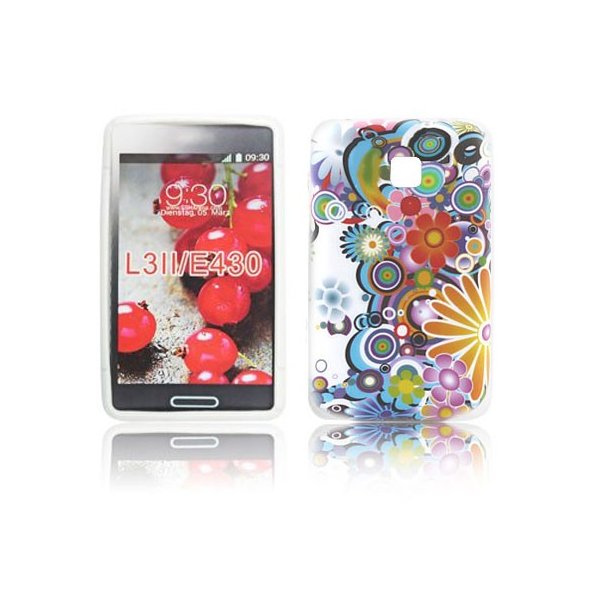 CUSTODIA GEL TPU SILICONE per LG OPTIMUS L3 II, E430 FANTASIA FIORI COLORATI SU SFONDO BIANCO