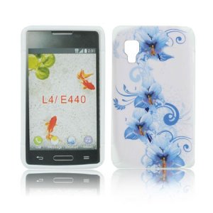 CUSTODIA GEL TPU SILICONE per LG OPTIMUS L4 II, E440 FANTASIA FIORI BLU SU SFONDO BIANCO