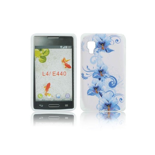 CUSTODIA GEL TPU SILICONE per LG OPTIMUS L4 II, E440 FANTASIA FIORI BLU SU SFONDO BIANCO