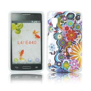 CUSTODIA GEL TPU SILICONE per LG OPTIMUS L4 II, E440 FANTASIA FIORI COLORATI SU SFONDO BIANCO