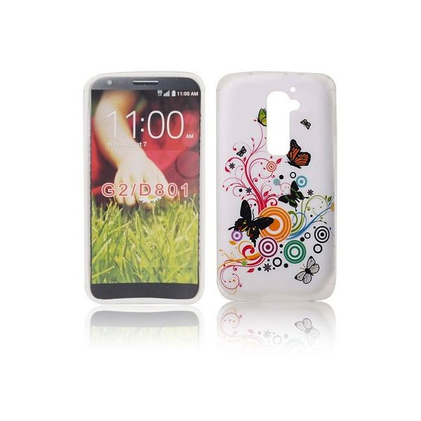 CUSTODIA GEL TPU SILICONE per LG OPTIMUS G2, D802, D802TA, D803 FANTASIA FARFALLE SU SFONDO BIANCO