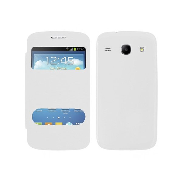 CUSTODIA FLIP COVER ORIZZONTALE per SAMSUNG I8260 GALAXY CORE, I8262 CON DOPPIA FINESTRA IDENTIFICATIVO CHIAMANTE BIANCO