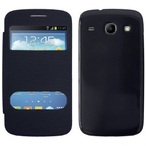 CUSTODIA FLIP COVER ORIZZONTALE per SAMSUNG I8260 GALAXY CORE, I8262 CON DOPPIA FINESTRA IDENTIFICATIVO CHIAMANTE BLU