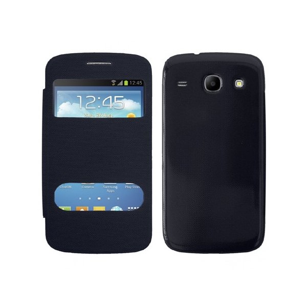 CUSTODIA FLIP COVER ORIZZONTALE per SAMSUNG I8260 GALAXY CORE, I8262 CON DOPPIA FINESTRA IDENTIFICATIVO CHIAMANTE BLU