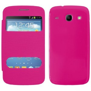 CUSTODIA FLIP COVER ORIZZONTALE per SAMSUNG I8260 GALAXY CORE, I8262 CON DOPPIA FINESTRA IDENTIFICATIVO CHIAMANTE ROSA