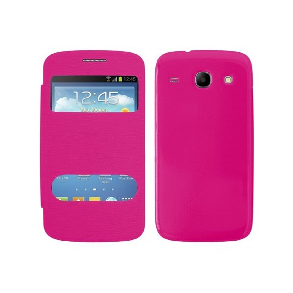 CUSTODIA FLIP COVER ORIZZONTALE per SAMSUNG I8260 GALAXY CORE, I8262 CON DOPPIA FINESTRA IDENTIFICATIVO CHIAMANTE ROSA