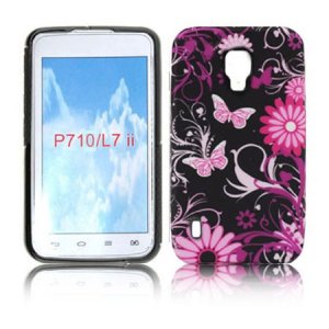 CUSTODIA GEL TPU SILICONE per LG L7 II, P710 FANTASIA FIORI E FARFALLE ROSA SU SFONDO NERO