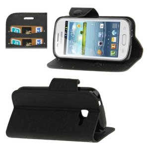 CUSTODIA FLIP ORIZZONTALE PELLE per SAMSUNG S7570 GALAXY TREND 2, S7572 CON STAND E PORTA CARTE FANTASIA CROSS COLORE NERO