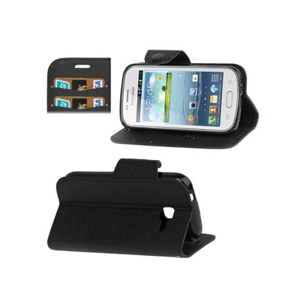 CUSTODIA FLIP ORIZZONTALE PELLE per SAMSUNG S7570 GALAXY TREND 2, S7572 CON STAND E PORTA CARTE FANTASIA CROSS COLORE NERO