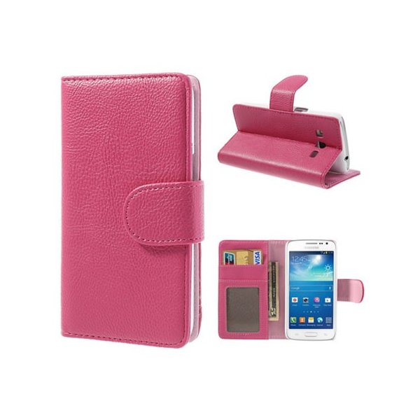 CUSTODIA FLIP ORIZZONTALE PELLE RUVIDA per SAMSUNG G3815 GALAXY EXPRESS 2 CON STAND E TASCHE PORTA CARTE COLORE ROSA