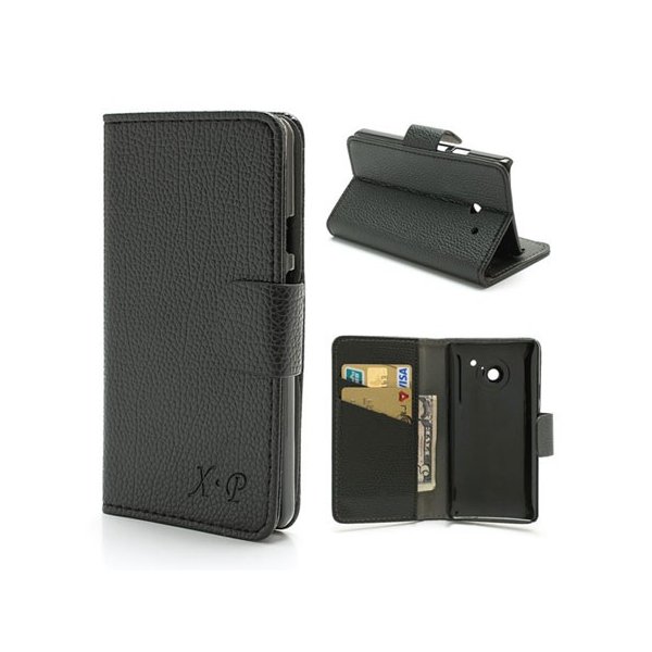 CUSTODIA FLIP ORIZZONTALE PELLE RUVIDA per HUAWEI ASCEND D2 CON STAND E TASCHE PORTA CARTE COLORE NERO