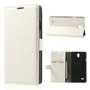 CUSTODIA FLIP ORIZZONTALE PELLE per HUAWEI ASCEND G700 CON STAND E TASCHE PORTA CARTE COLORE BIANCO CARBON