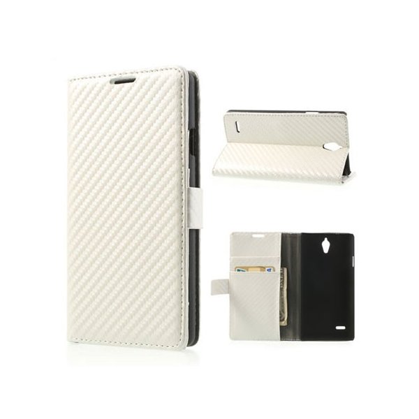 CUSTODIA FLIP ORIZZONTALE PELLE per HUAWEI ASCEND G700 CON STAND E TASCHE PORTA CARTE COLORE BIANCO CARBON