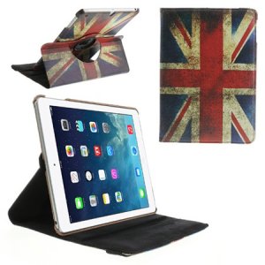 CUSTODIA BOOK ORIZZONTALE PELLE GIREVOLE per APPLE IPAD AIR, IPAD 5 CON STAND FANTASIA BANDIERA UK ANTICATA